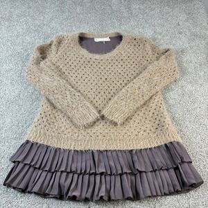 a'reve Womens Small Knit Sweater Tunic Top Brown Pleated Ruffle Hem‎ Long Sleeve